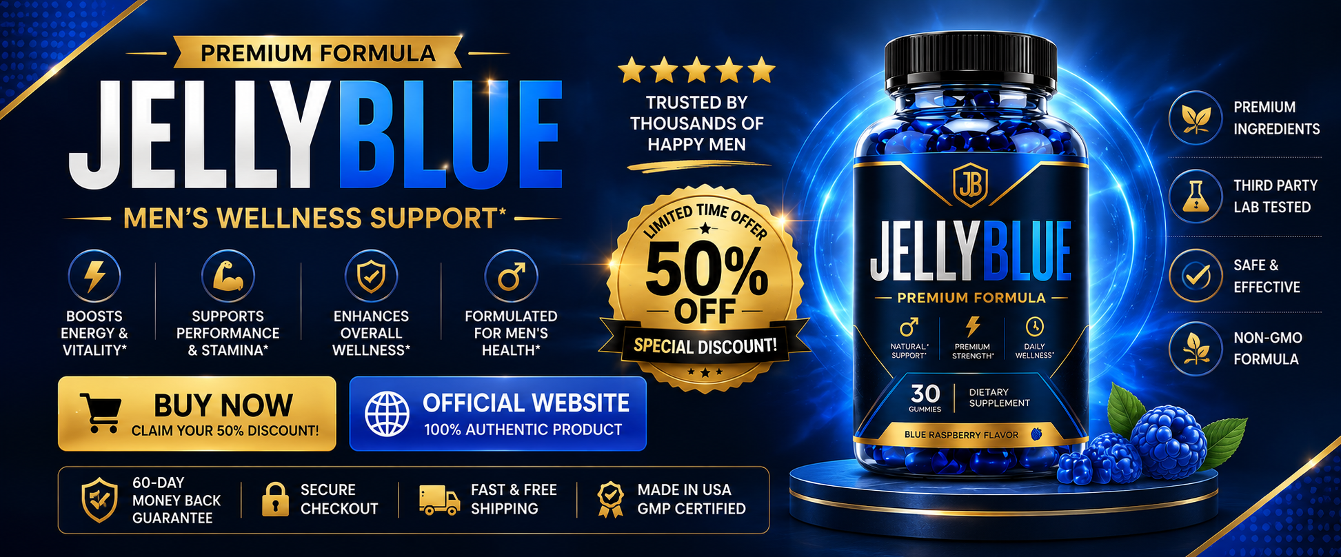 JellyBlue Premium Formula men's wellness gummies bottle